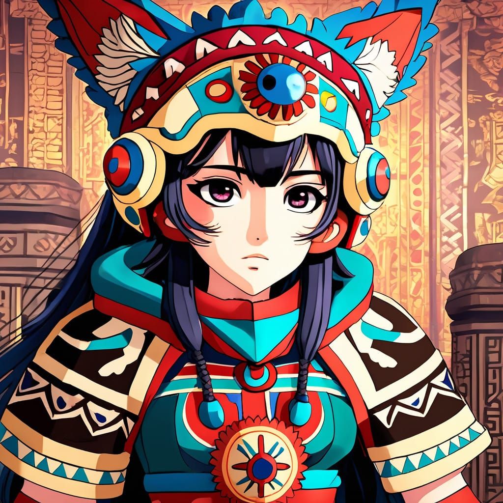 Majestic Dark-Skinned Waifu in Aztec-Inspired Traditional At...