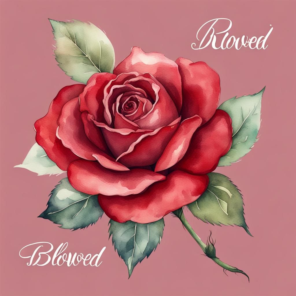 Hand drawn single rose deep crimson with hand lettering Beloved in a banner below it watercolor elegant