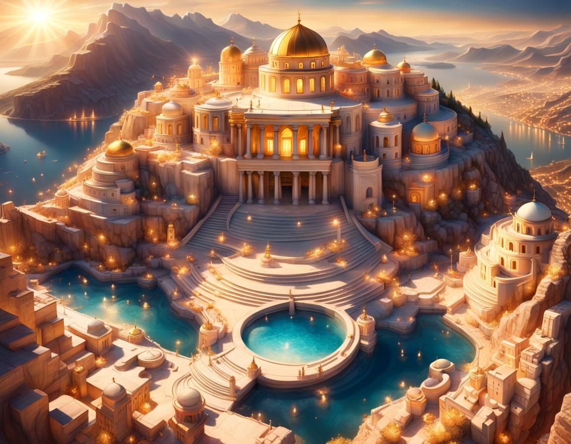 grand, ancient city built into a mountainside, with a series...