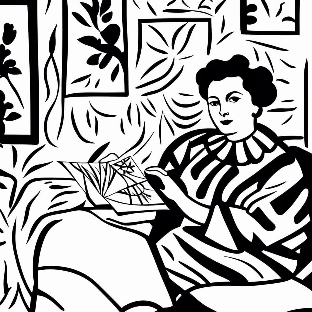 Black and white ink drawing in style of Henri Matisse