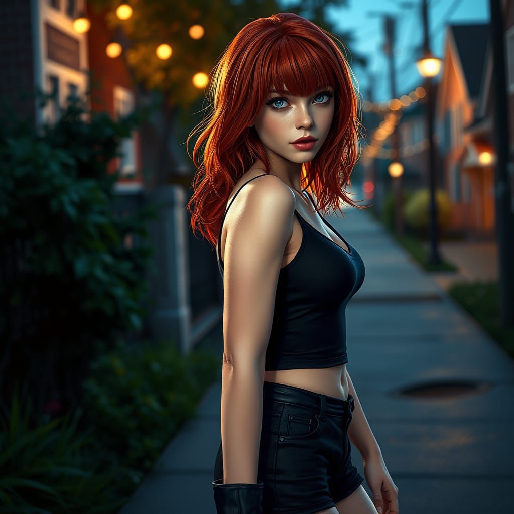 Woman on Sidewalk at Night, Detailed Matte Painting