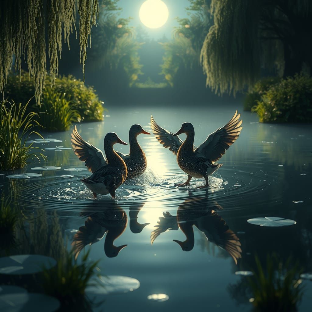 Moonlit Ducks Dancing on Silver Pond in Digital Art Style