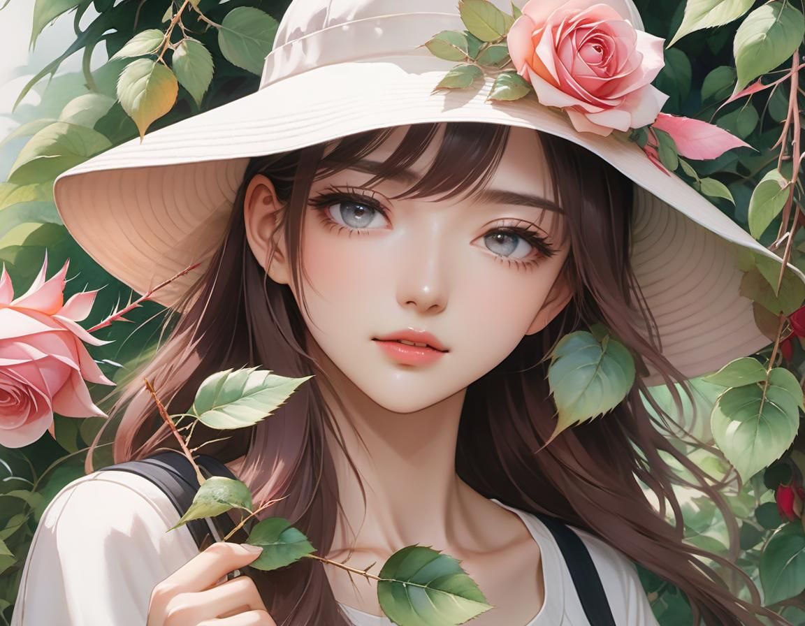 Girl with Roses in Anime Watercolor Style