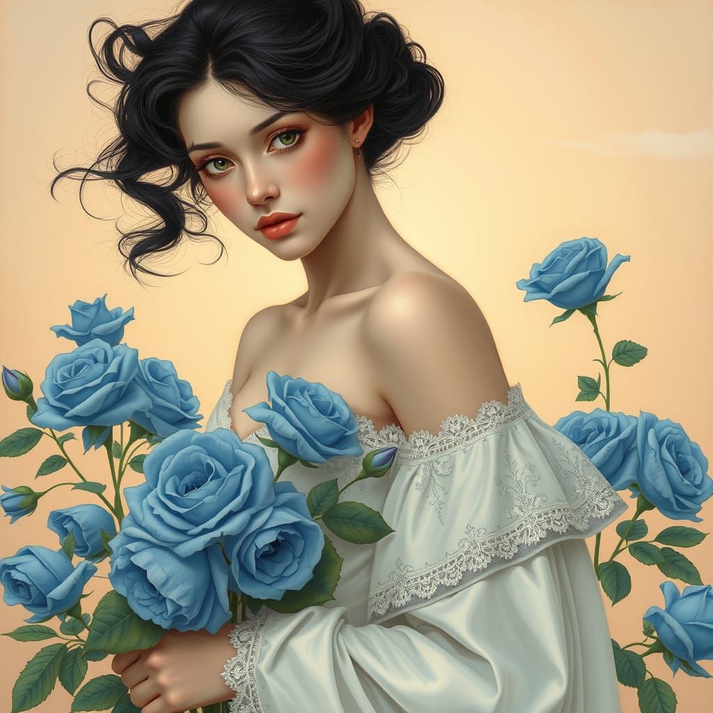 Ethereal Woman in Blue Roses