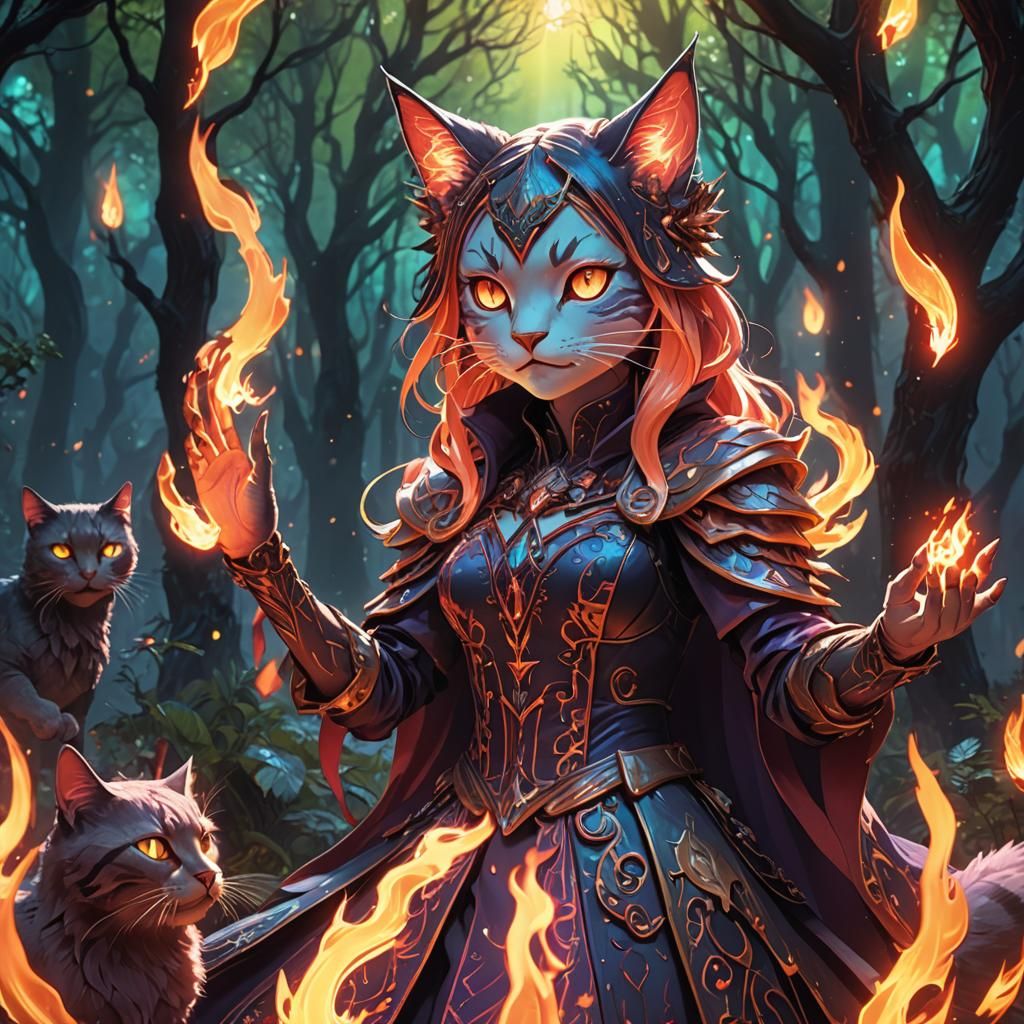Anime Cat Girl Necromancer Summons Flames
