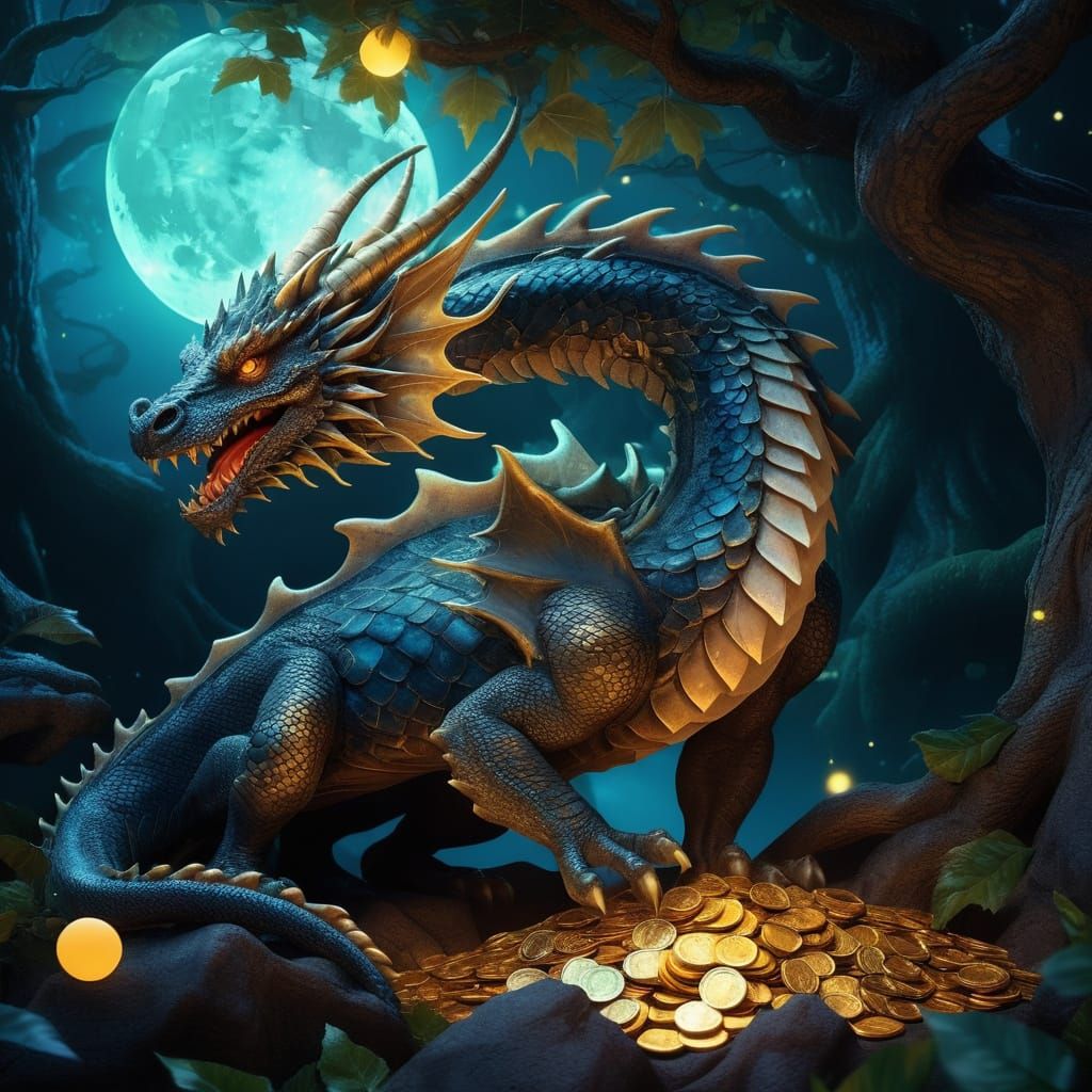Dragon Guarded Magical Tree in Ethereal Night