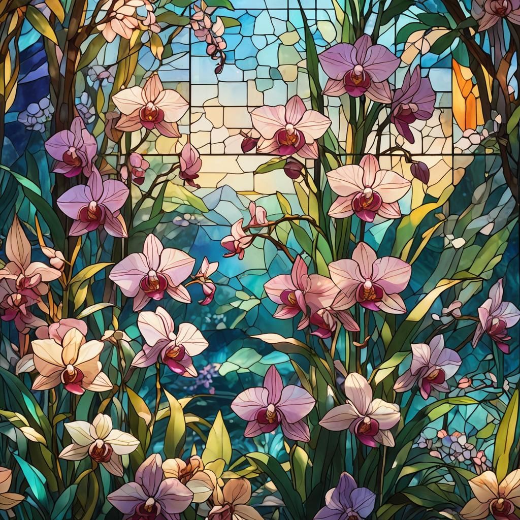 Vibrant Anime Stained Glass: Colorful Orchid Garden