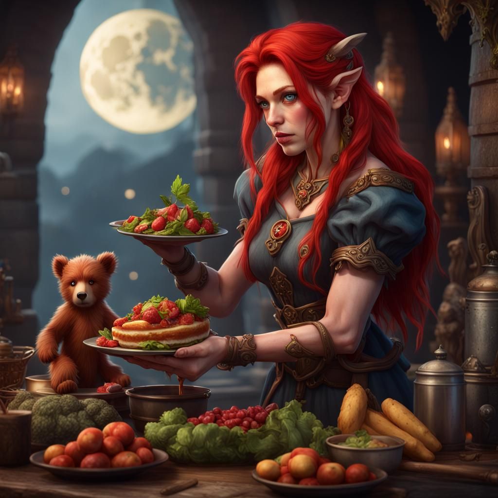 Moon Elf Innkeeper with Food and Bear