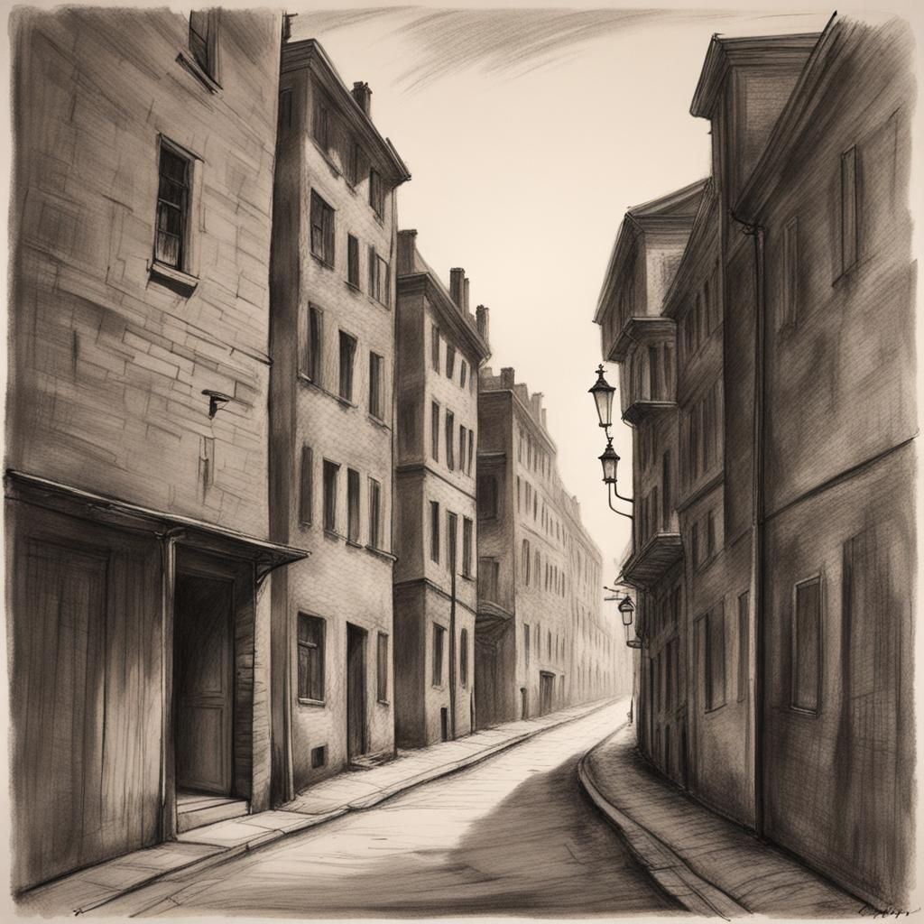 Detailed Charcoal Drawing of Dark Dusty Street