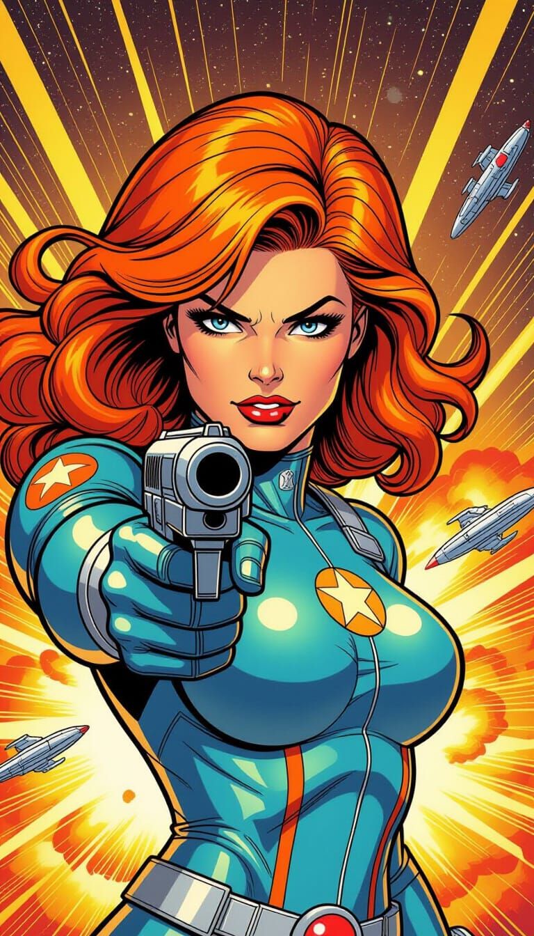 Fiery Superheroine with Raygun in Retro Comic Style