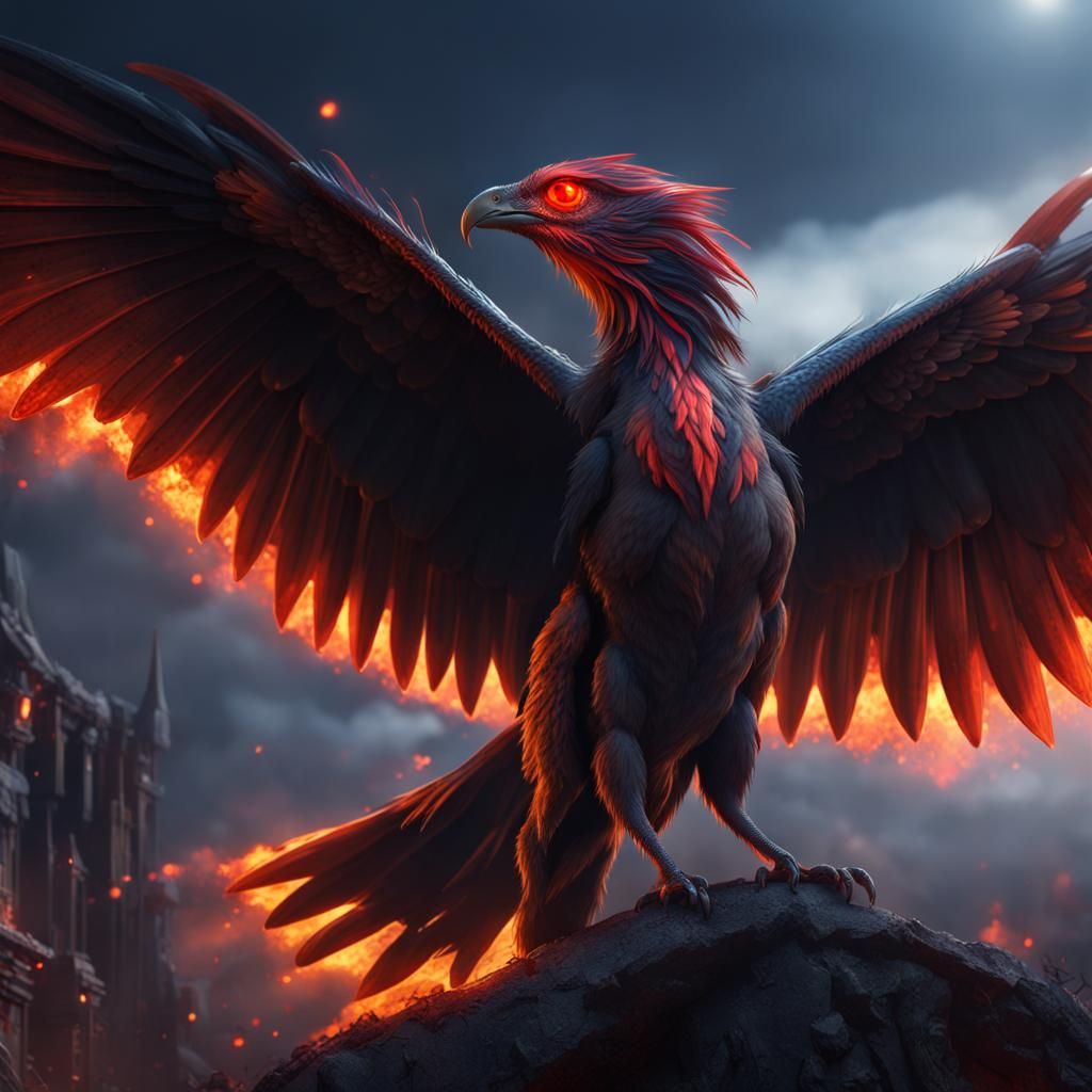 Fiery Bird Ascends in Dark Sky