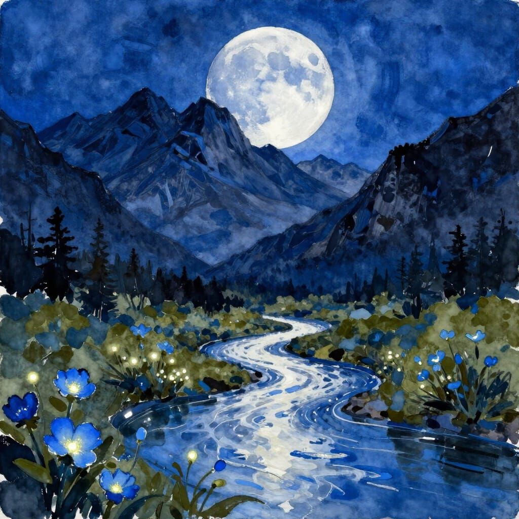 Surreal Mountain Peaks Under Luminous Moon in Watercolor Sty...