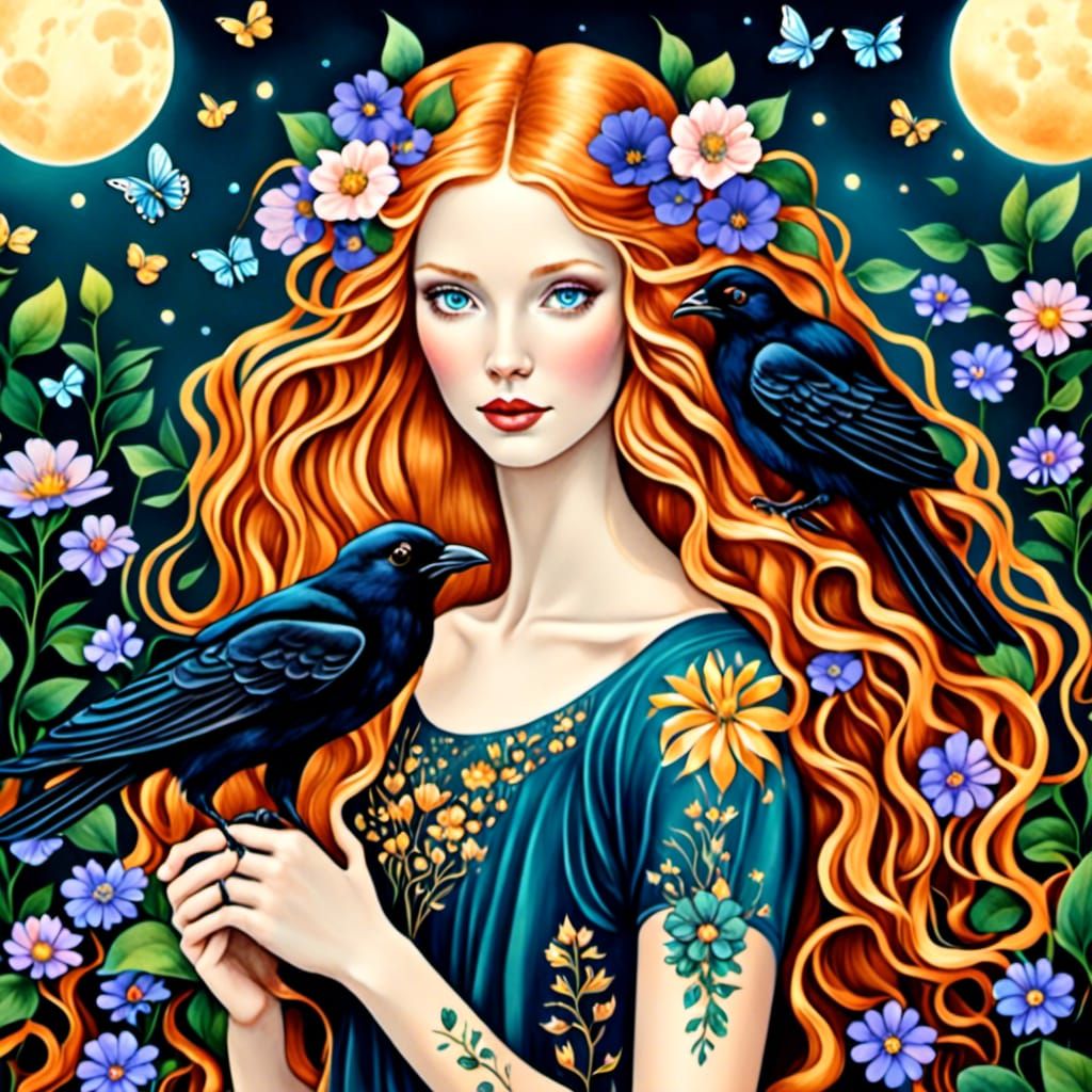 Mystical Woman with Crow in Gouache and Watercolor