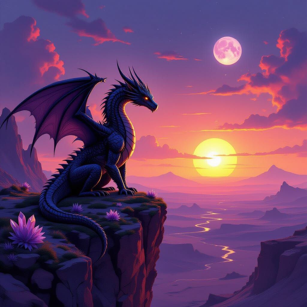 Ancient Dragon on Alien Cliff Under Binary Sunset