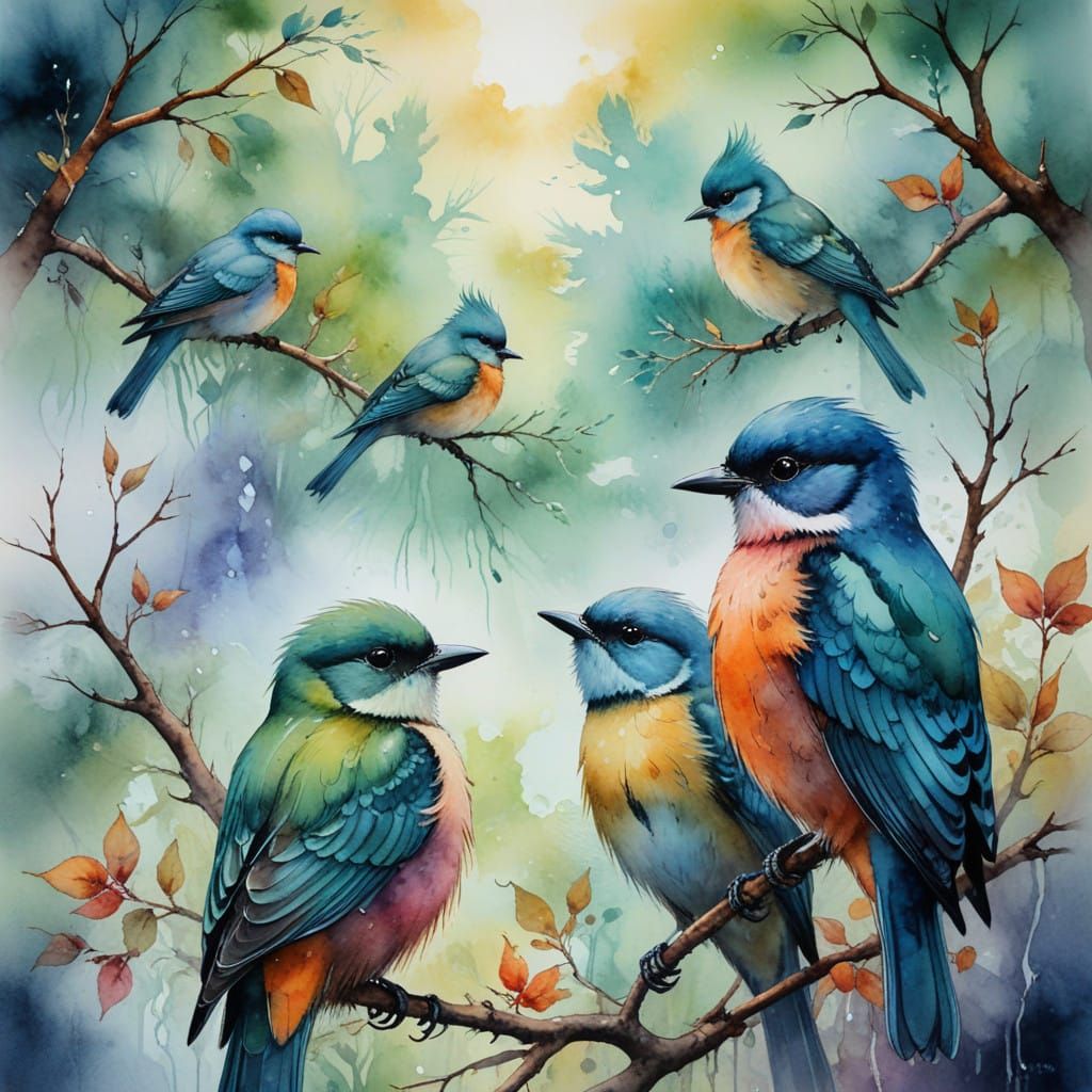 Vibrant Watercolor Birds in Misty Morning