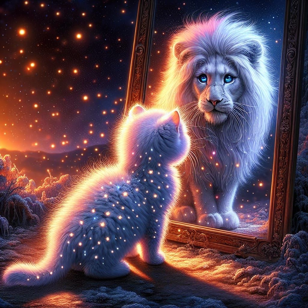 Magical Cat Reflects as Lion in Night Sky