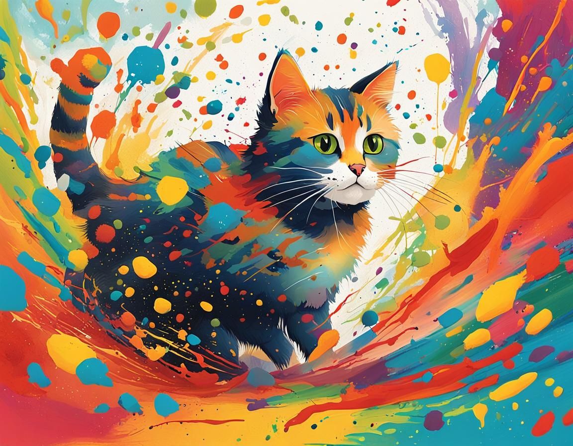 Cat Playing in Colorful Paint: Whimsical Illustration