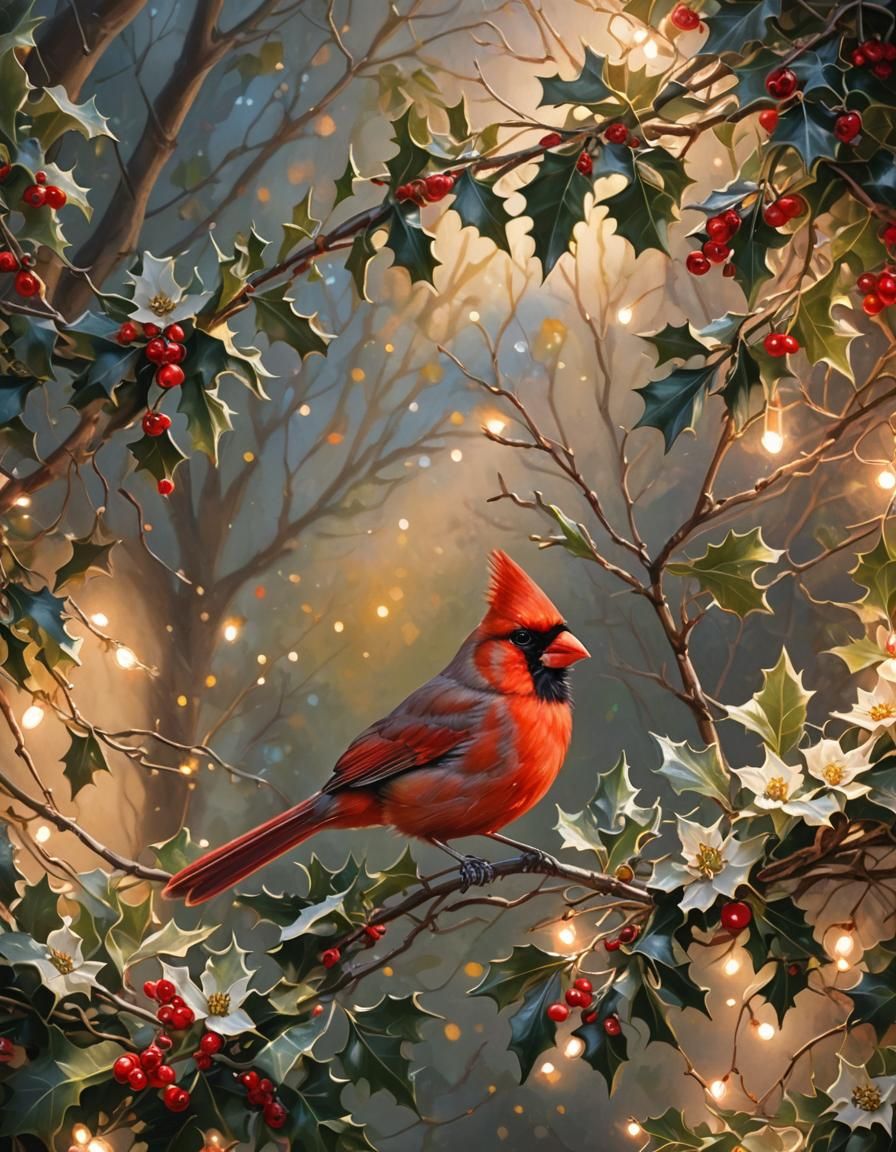 Cardinal in Lush Foliage: Hyper-Realistic Oil Painting