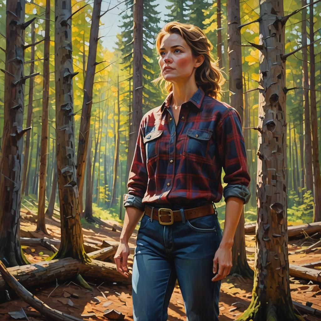 Female Lumberjack in Forest, Impressionist Oil Painting