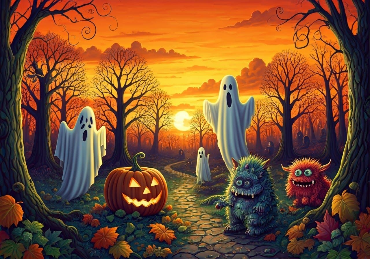 Enchanting Halloween Scene in Vibrant Oil-Painted Style