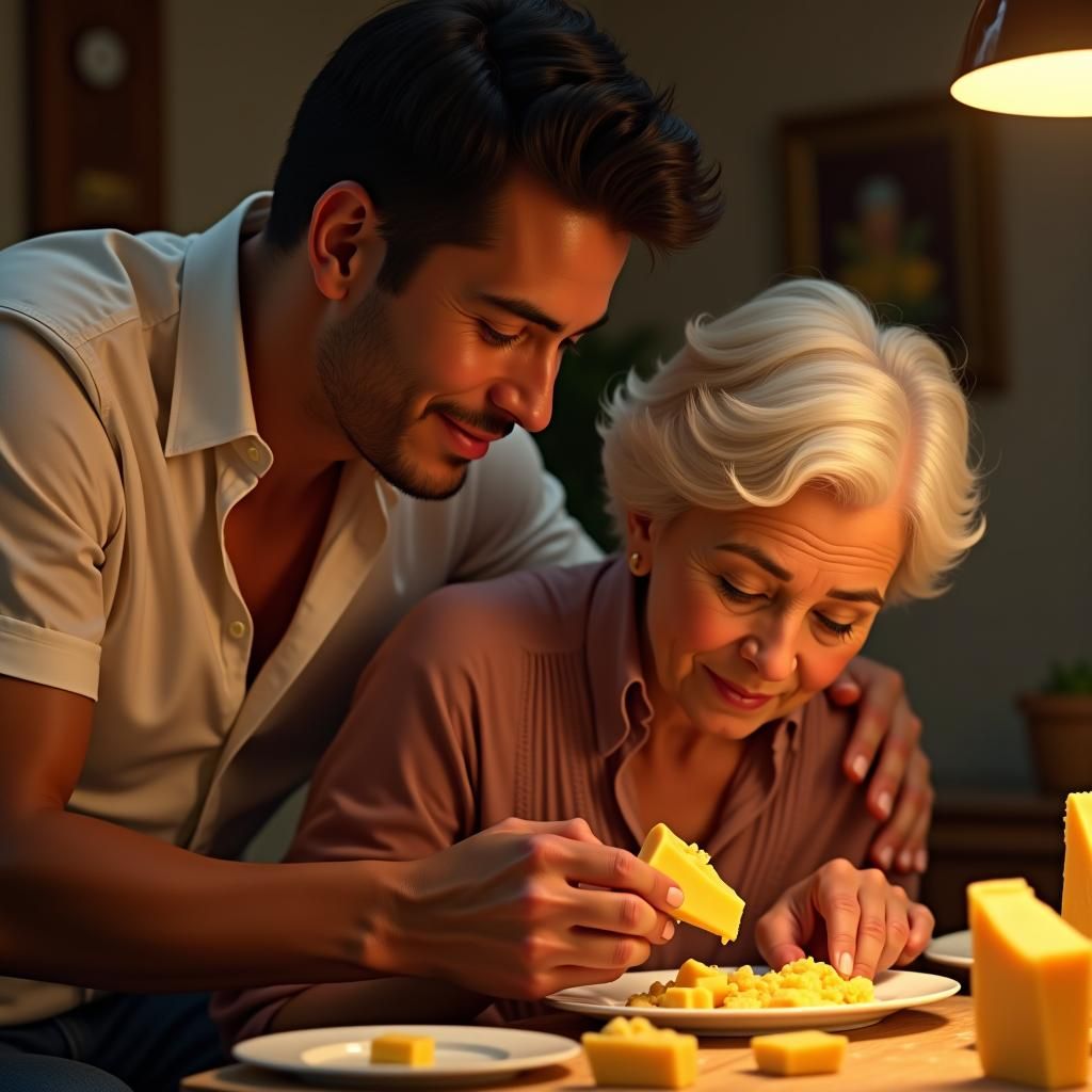 Romantic Photo: Latino Man Massaging Woman Eating Cheese
