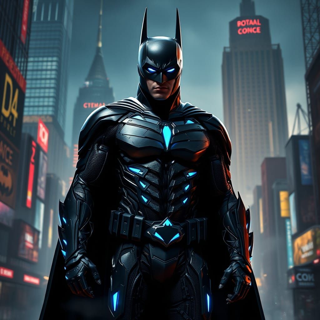 Cyberpunk Batman Exosuit in Dystopian Cityscape