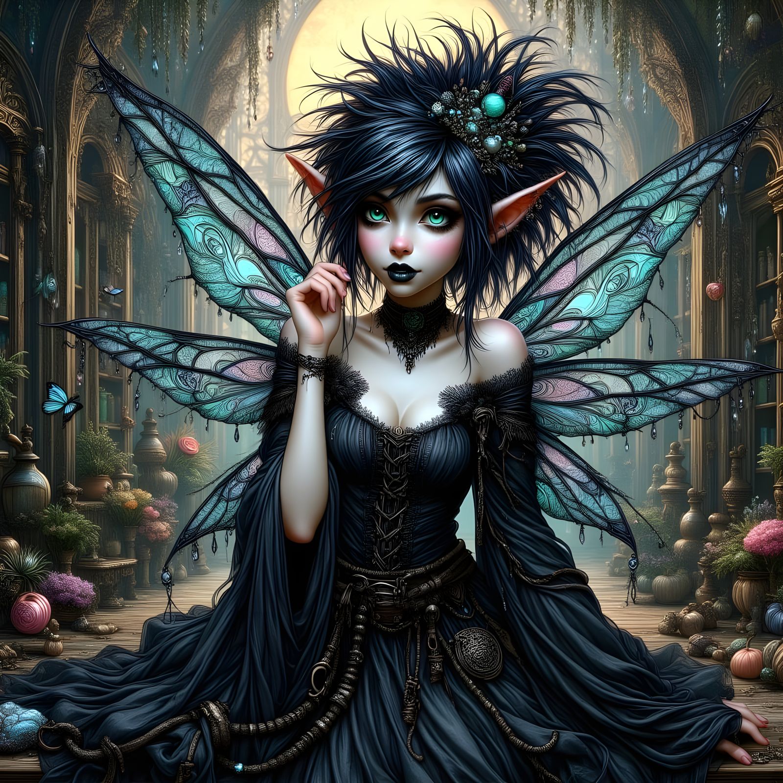 Goth Pixie in Elegant Black and Silver Attire