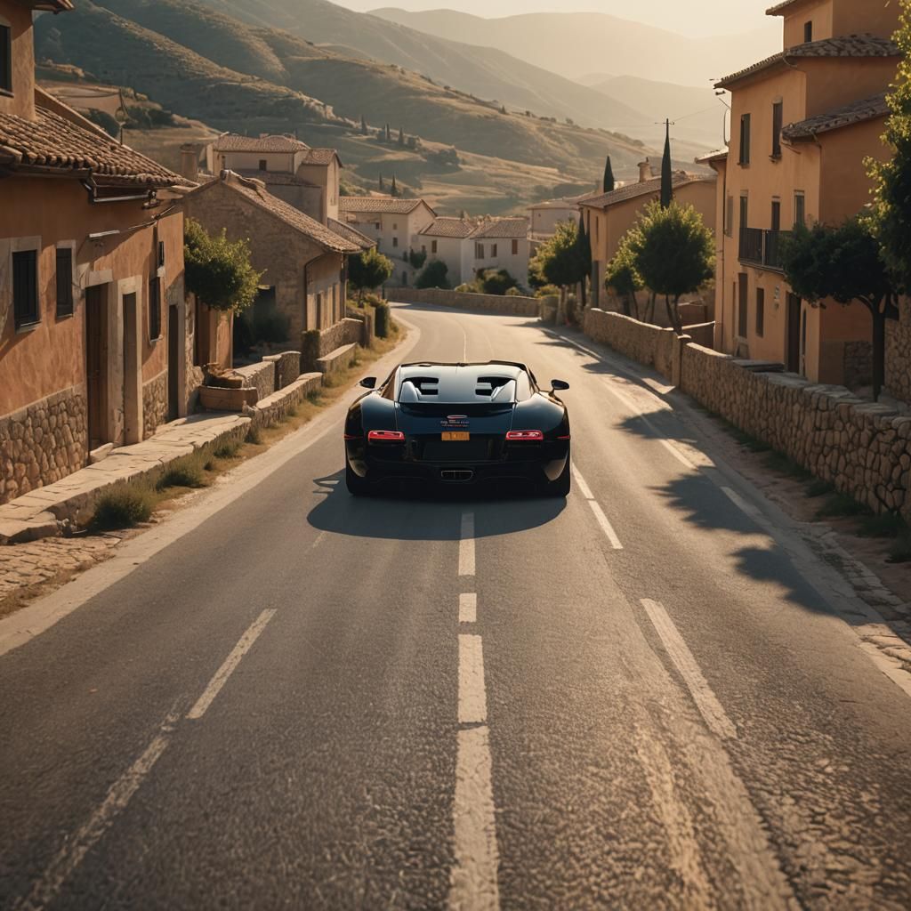 Bugatti Races Through Spanish Village: Cinematic Digital Art