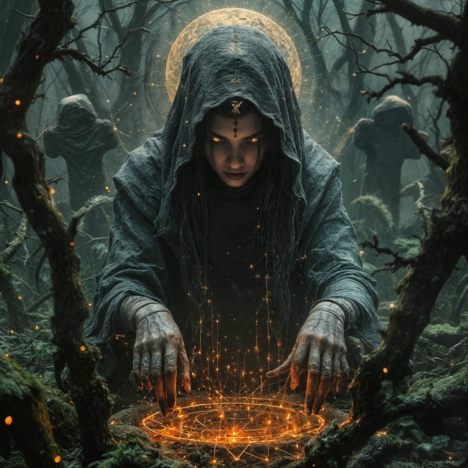 Sinister Witch Ritual with Occult Overlays in Dark Fantasy S...