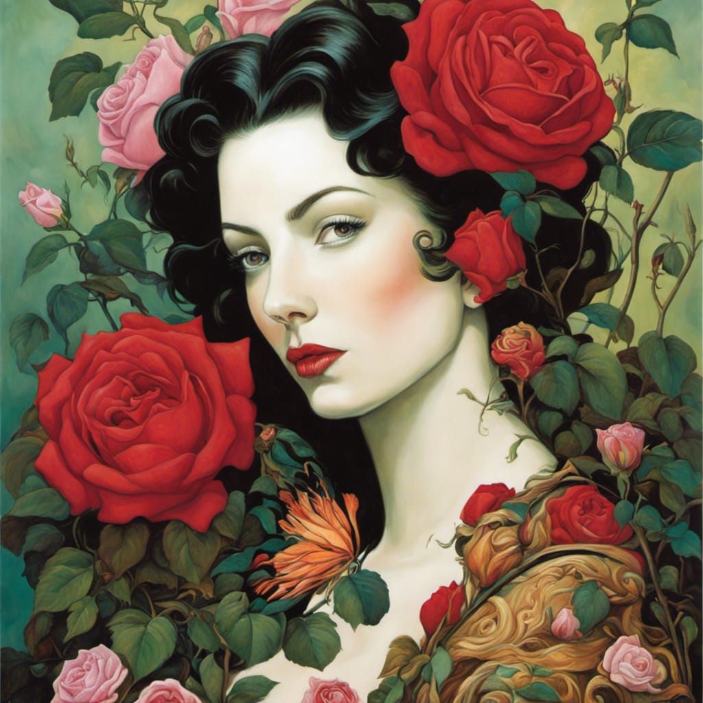 Beautiful Woman Surrounded by Roses in Expressionist Style