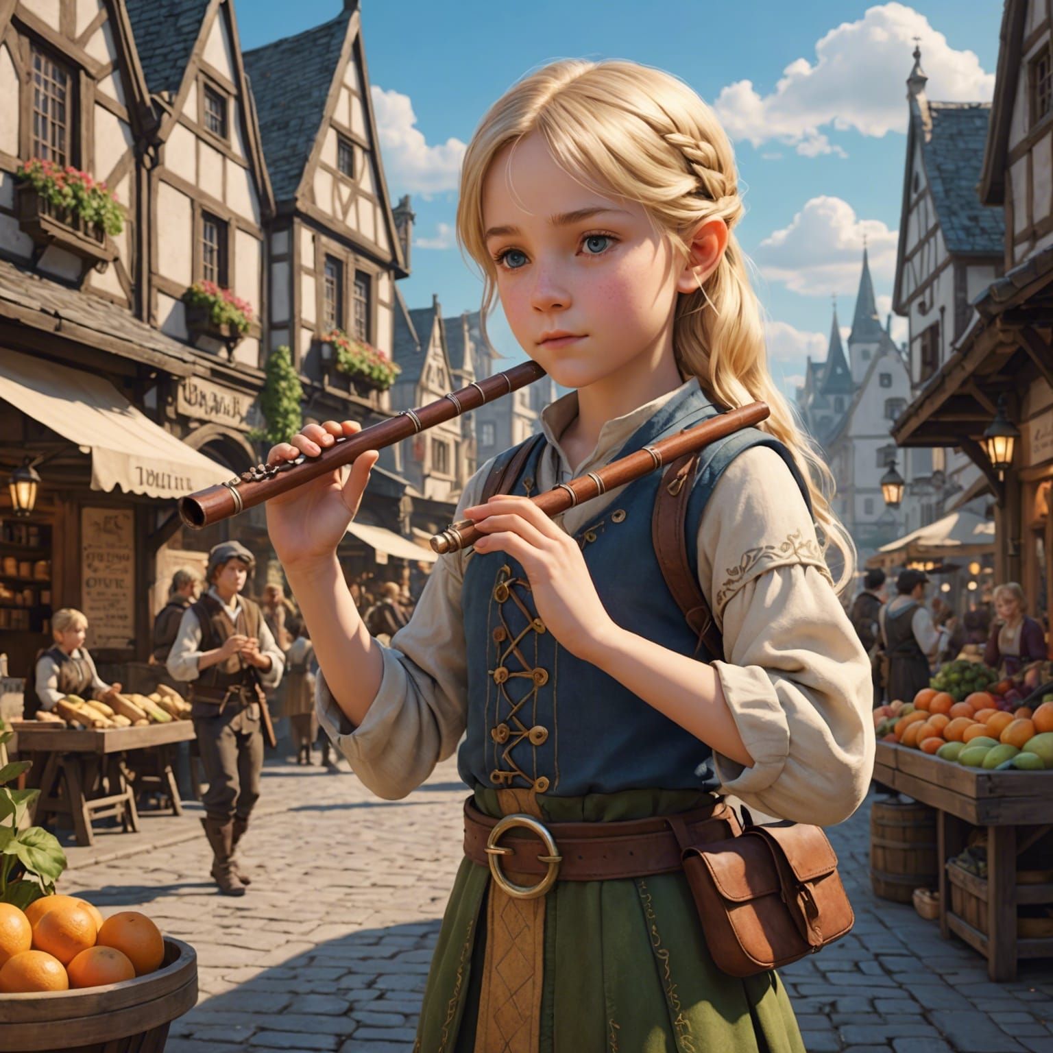 Halfling Flute Player in Fantasy Town: 3D Anime Art
