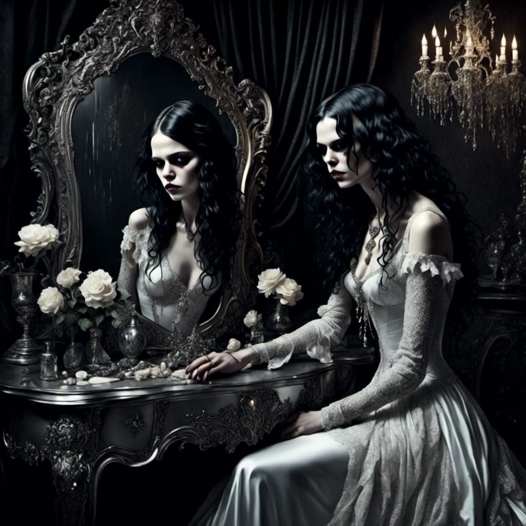 Gothic Vanity: Girl at Mirror Dressing Table