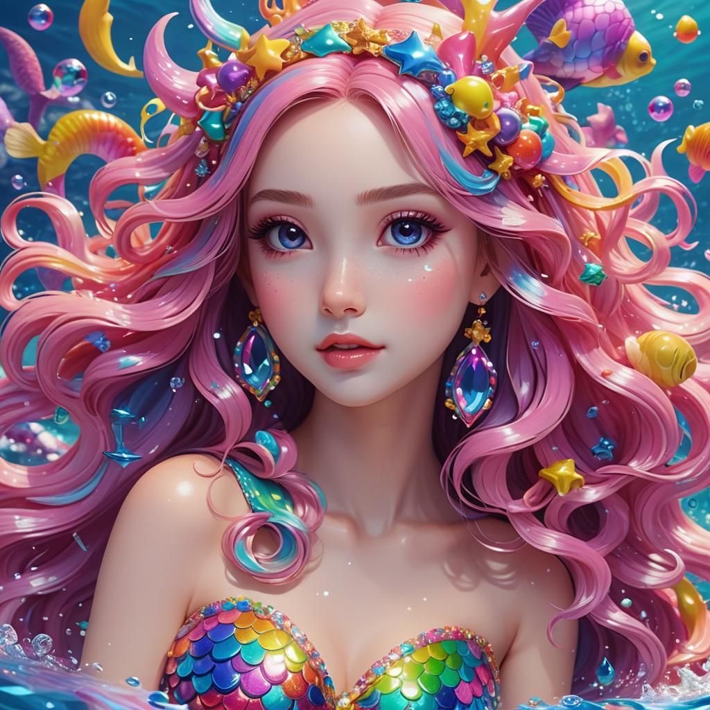 Lisa Frank Style Mermaid Princess in 3D Anime Art