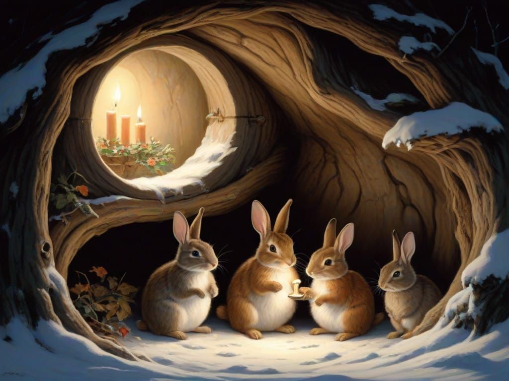 Rabbits in Snowy Forest Scene, Cozy Candlelit Home