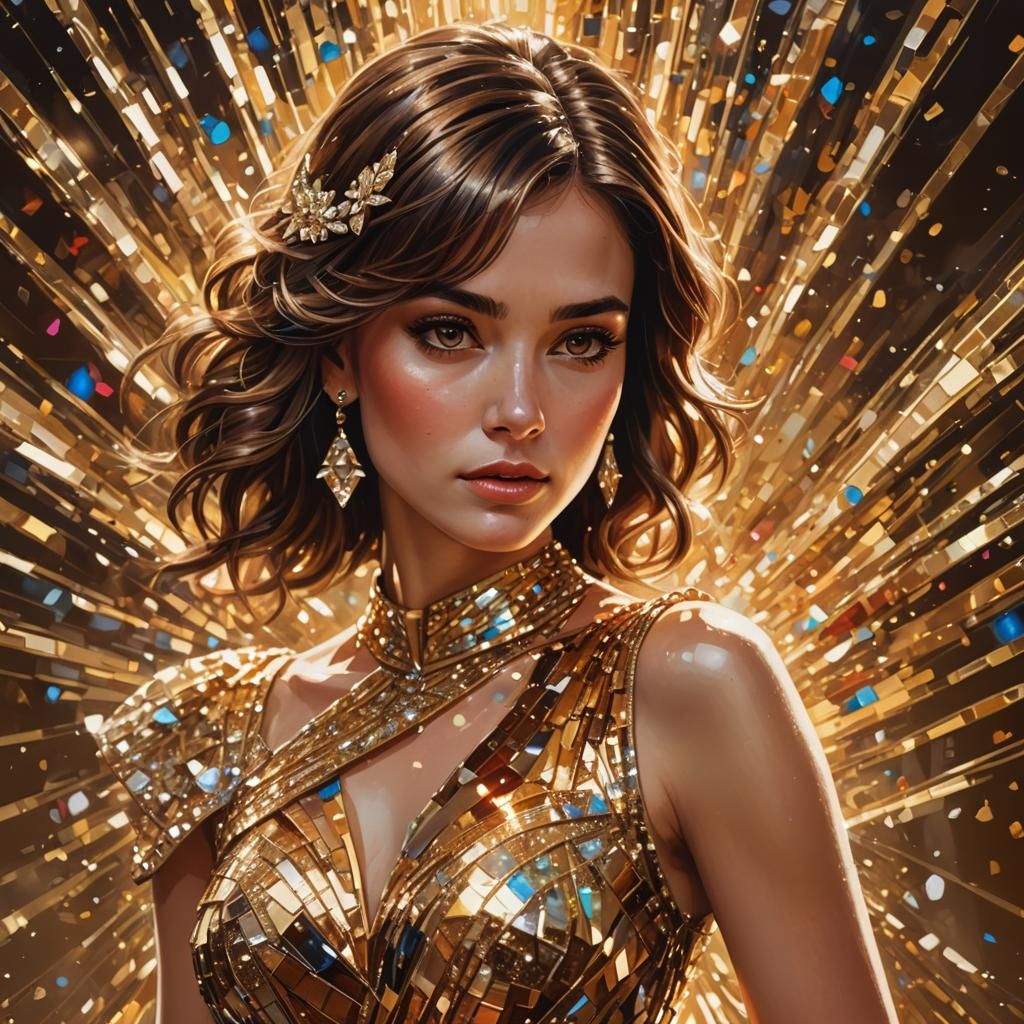 beautiful brown haired, brown eyed woman, intensely sparkly ...