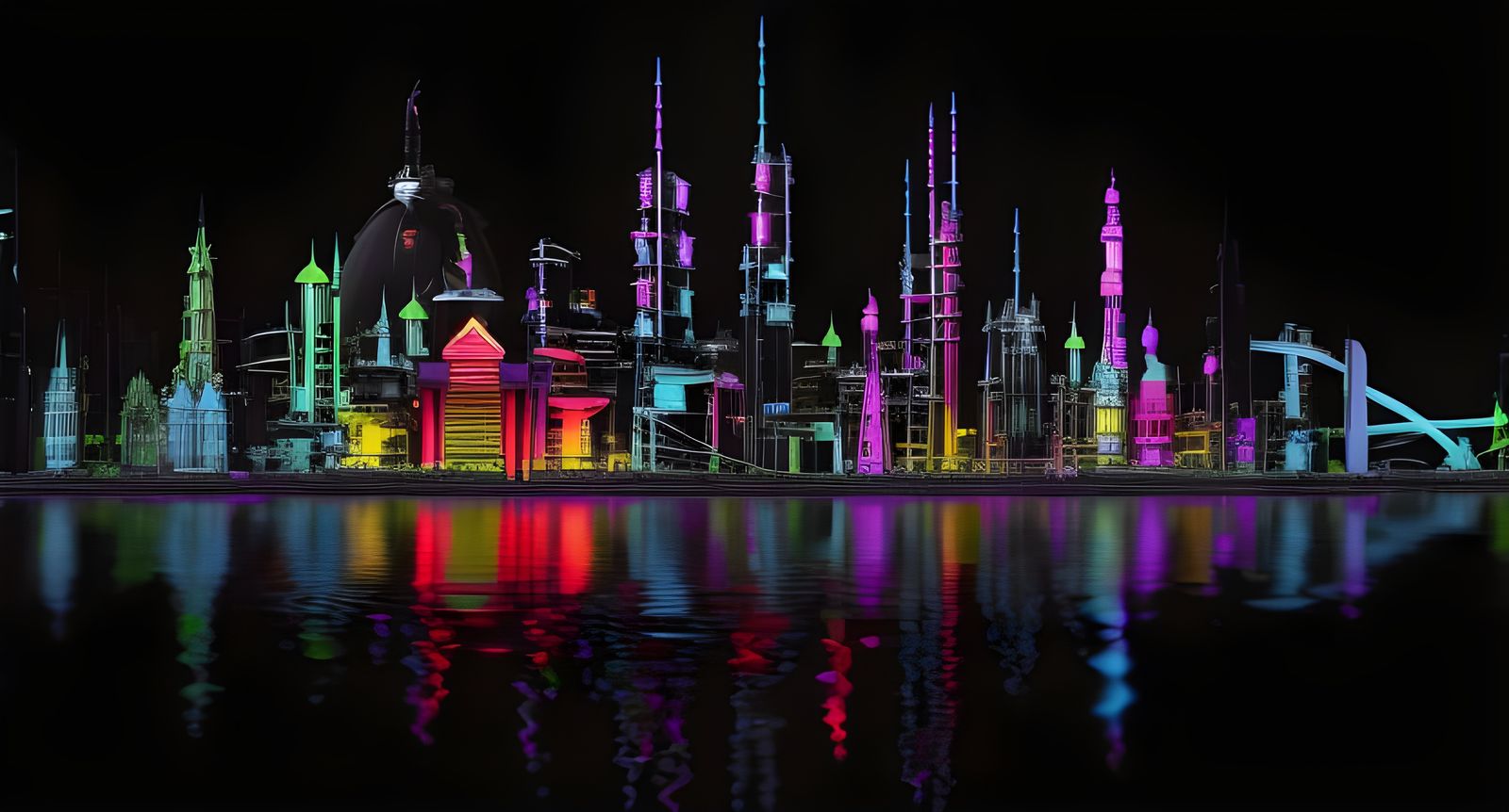 Steampunk Cityscape Aglow with Neon Lights