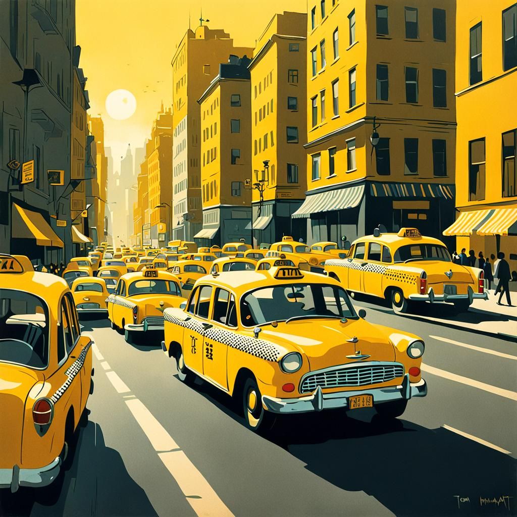 Yellow Taxi in Golden City: Vintage Illustration