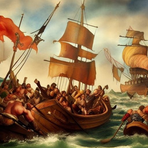 Viking Ship Fight: Renaissance Watercolor Art