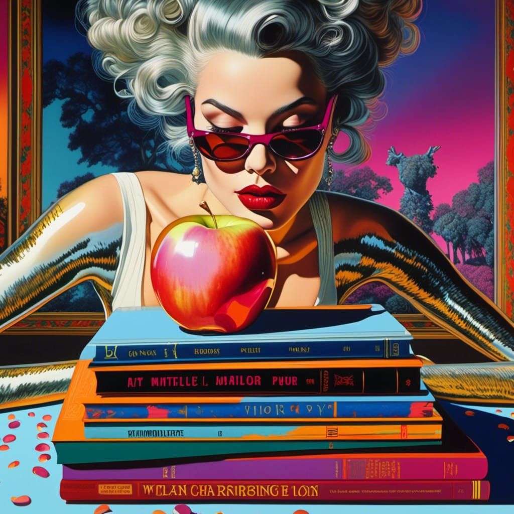 Surreal Woman with Cat, Apple, and Book