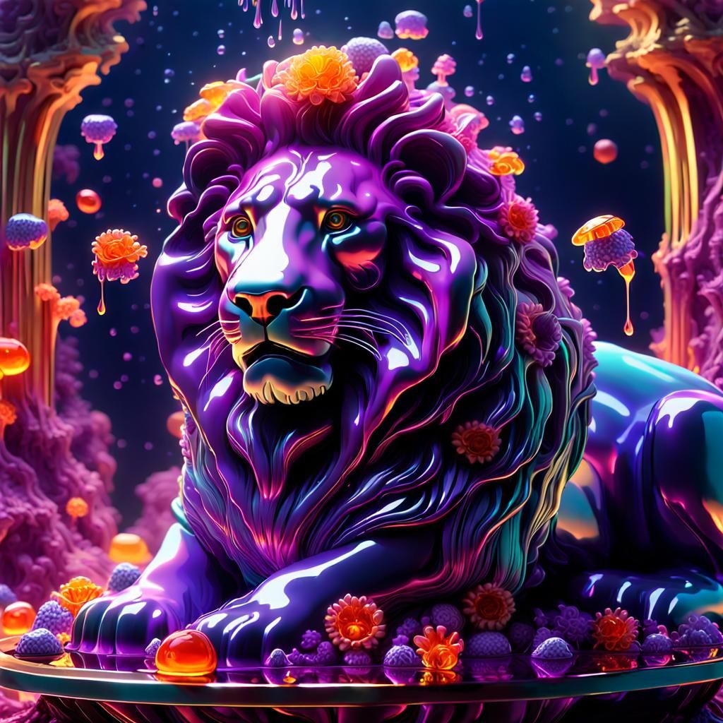 Jelly Lion with Dripping Purple Jelly Flowers