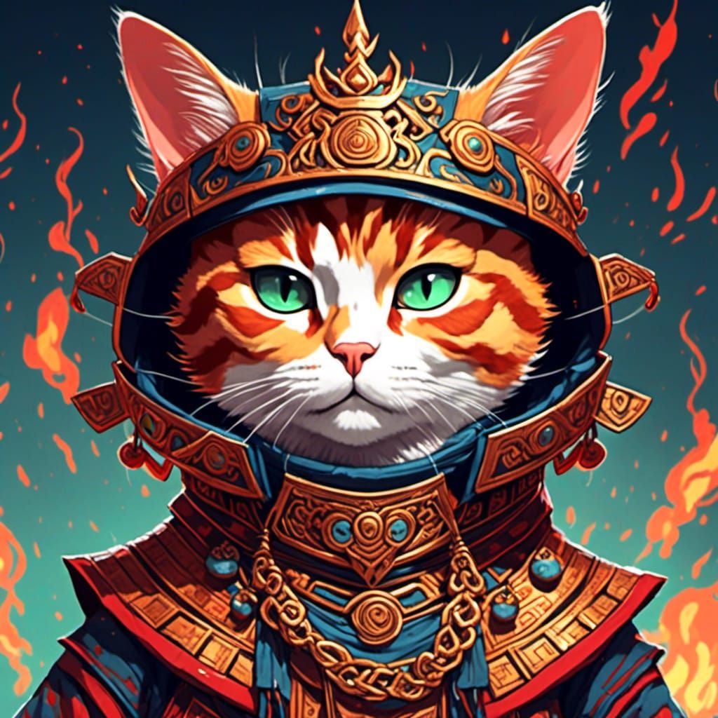 Cat in Costume Digital Art with Fire Effects