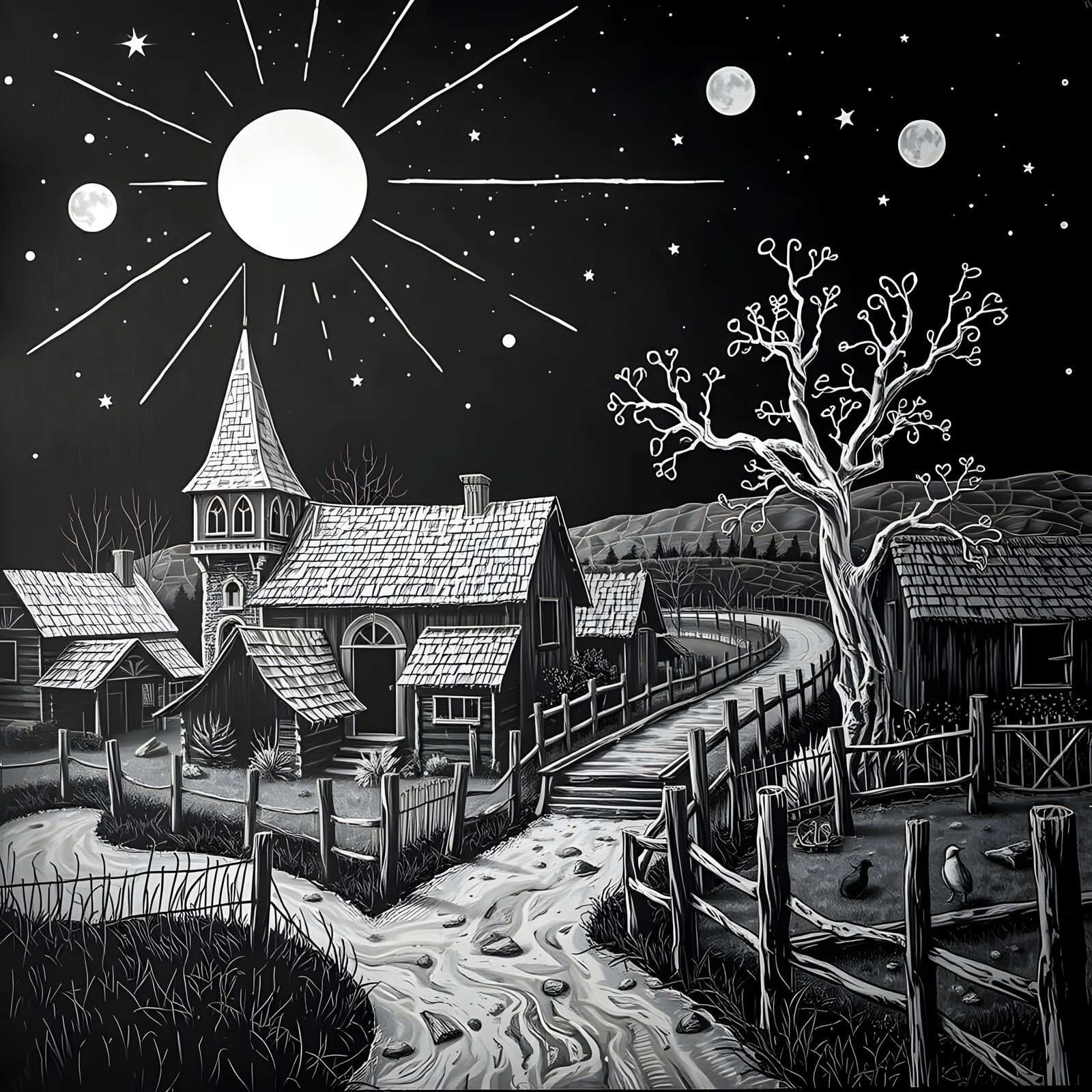 Whimsical Rural Village in Scratch-Board Style