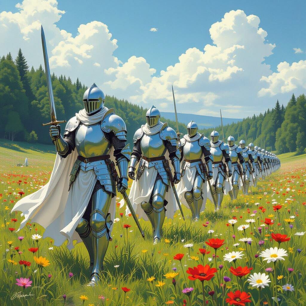 Angelic Knights Marching to War in Flowering Meadow