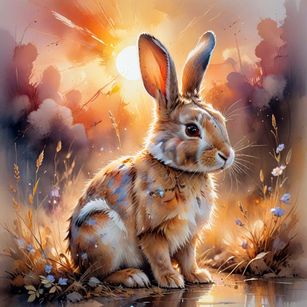 Cute Rabbit in Sunset Scene, Watercolour Style