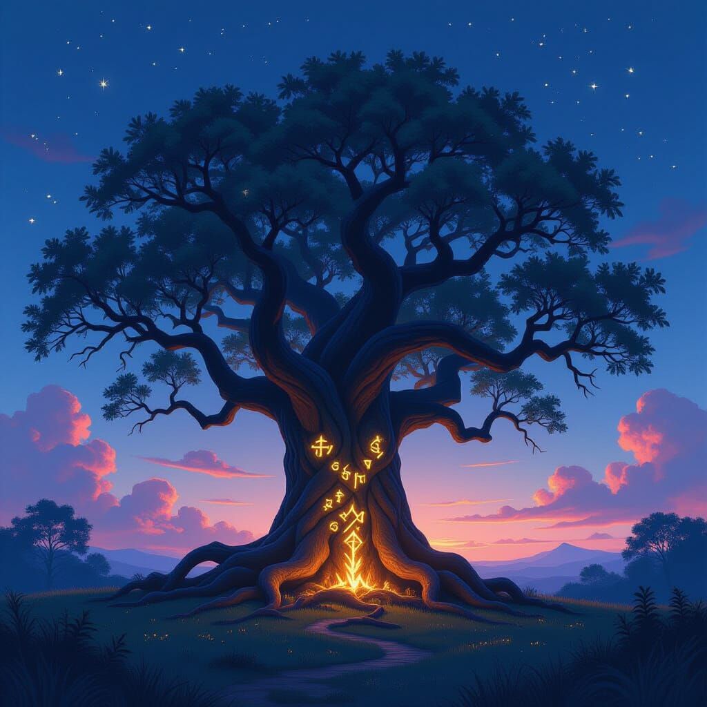 Ancient Tree with Glowing Runes Under Twilight Sky