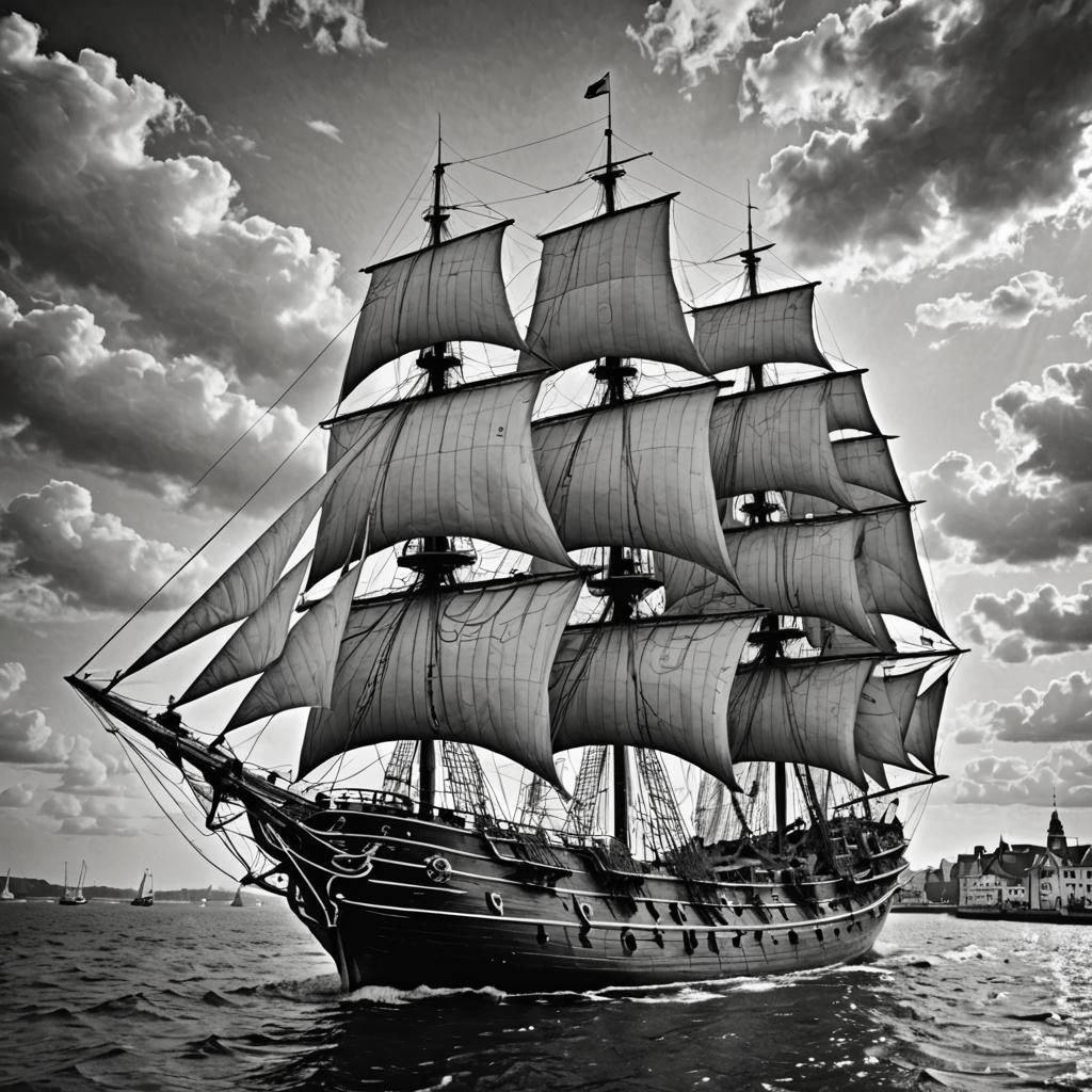Medieval Sailing Ship Black and White Puzzle