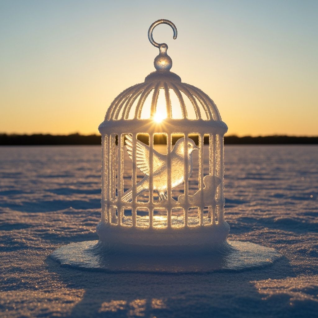 Melting Ice Birdcage and Light Bird at Sunrise