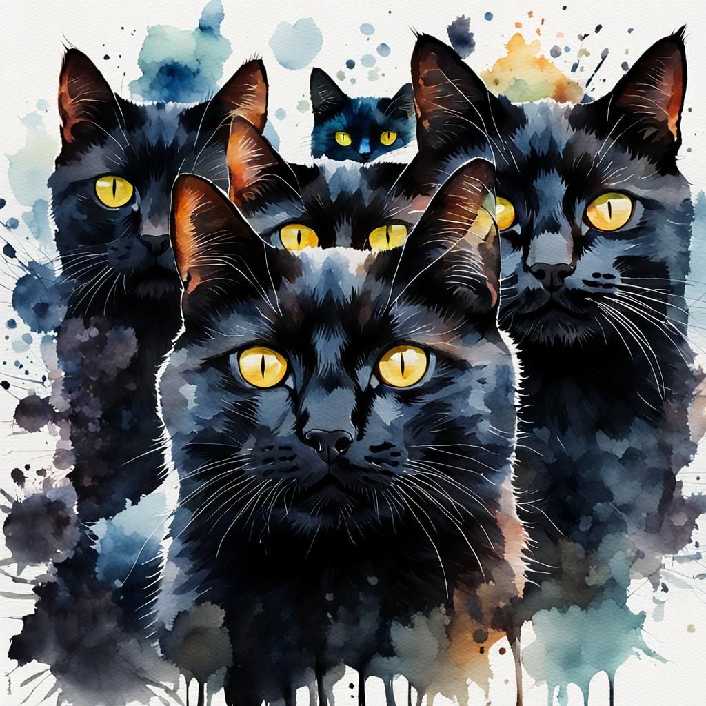 Double Exposure of Black Cats Watercolor Art