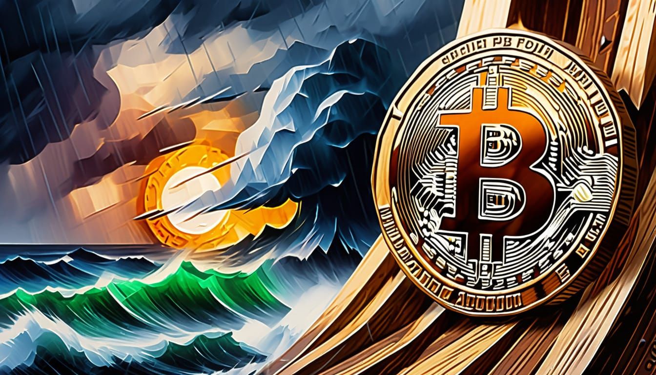 Wooden Bitcoin Coin in Storm, Leonid Afremov Style