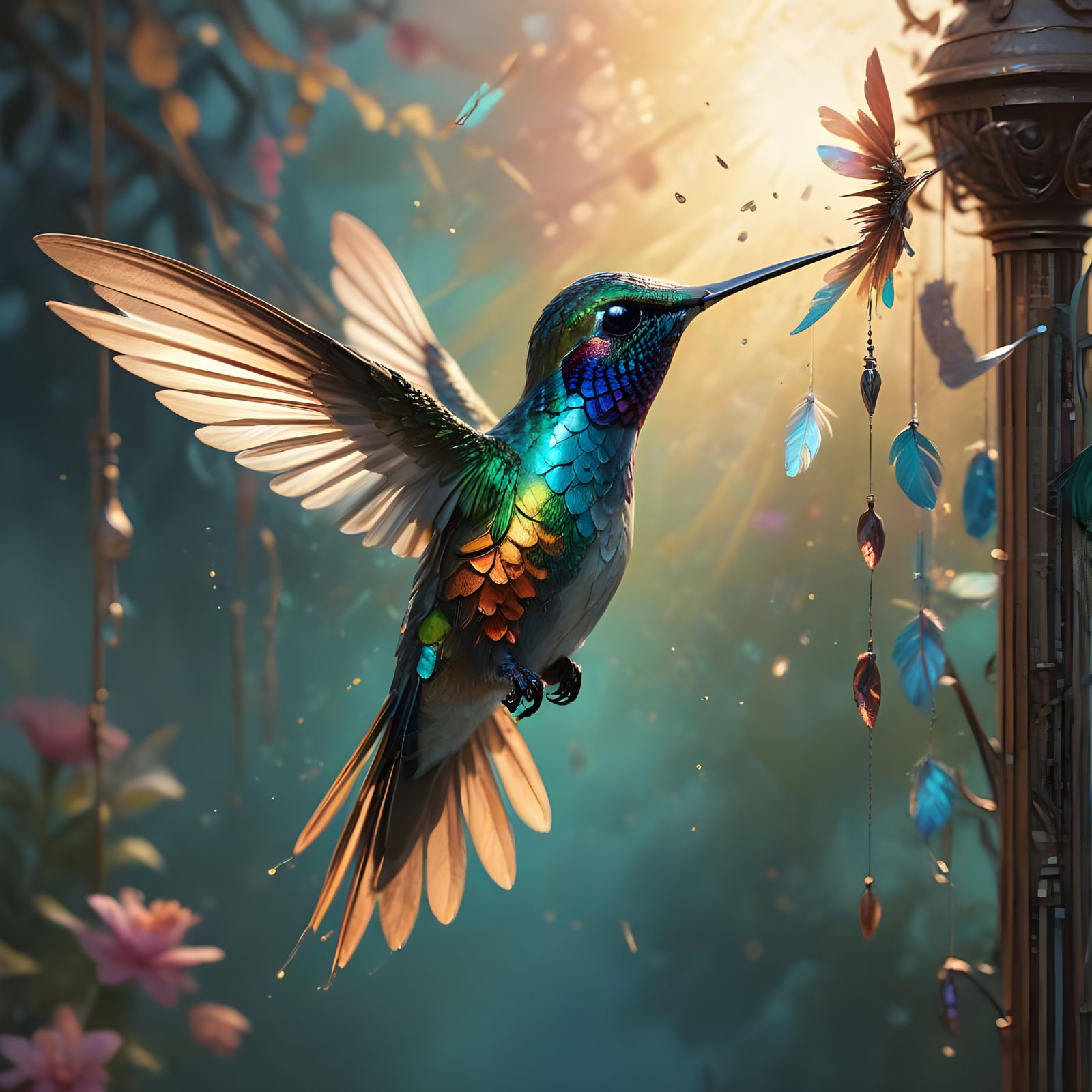 Vibrant Hummingbird Whirligig in Dreamlike Mixed Media